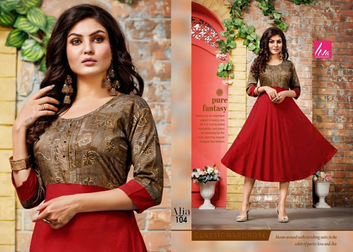 ALIA BY LIVA 101 TO 106 SERIES DESIGNER STYLISH FANCY COLORFUL BEAUTIFUL PARTY WEAR & ETHNIC WEAR COLLECTION RAYON MUSLIN KURTIS AT WHOLESALE PRICE