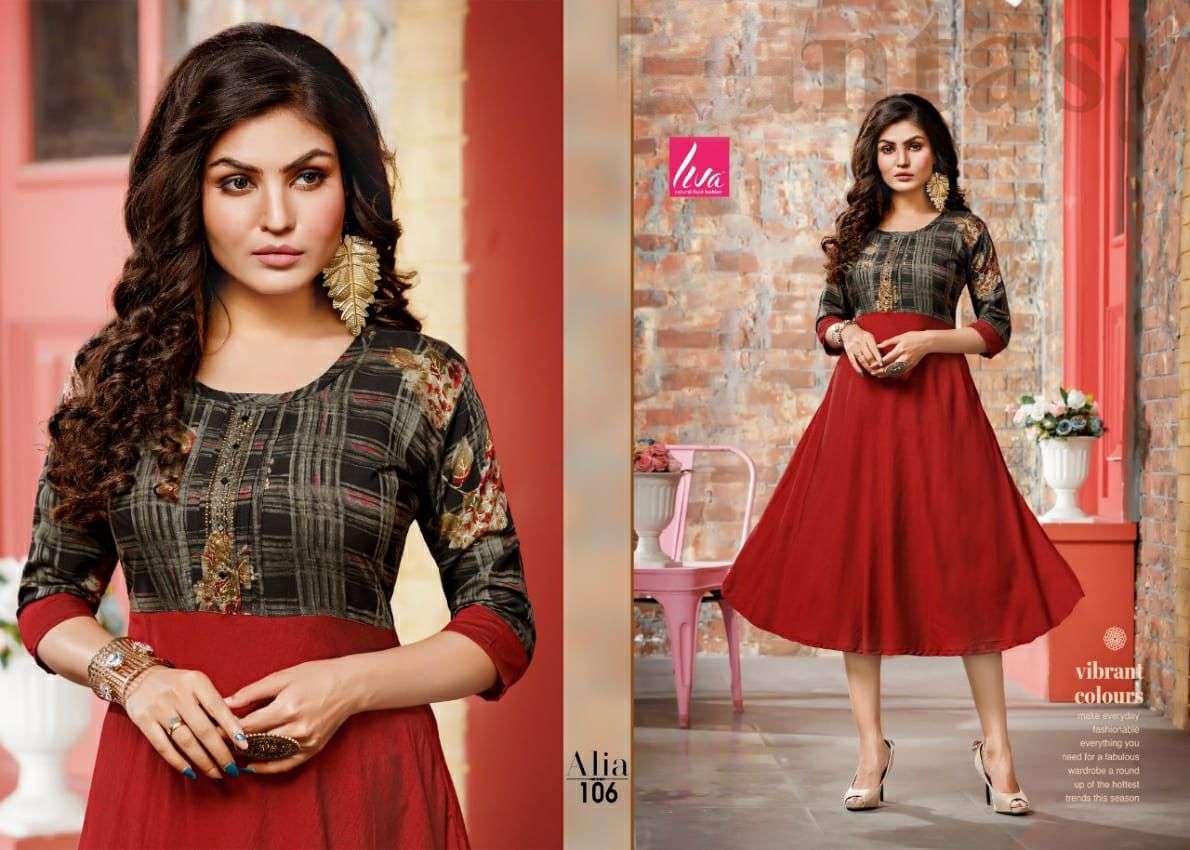 ALIA BY LIVA 101 TO 106 SERIES DESIGNER STYLISH FANCY COLORFUL BEAUTIFUL PARTY WEAR & ETHNIC WEAR COLLECTION RAYON MUSLIN KURTIS AT WHOLESALE PRICE