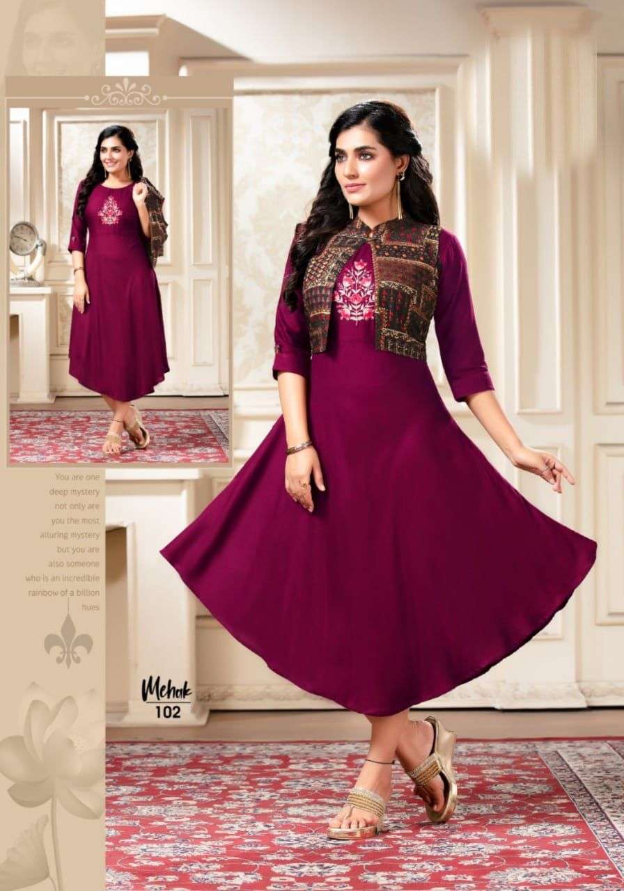 MEHAK BY LIVA 101 TO 108 SERIES DESIGNER STYLISH FANCY COLORFUL BEAUTIFUL PARTY WEAR & ETHNIC WEAR COLLECTION RAYON PRINT KURTIS WITH JACKET AT WHOLESALE PRICE