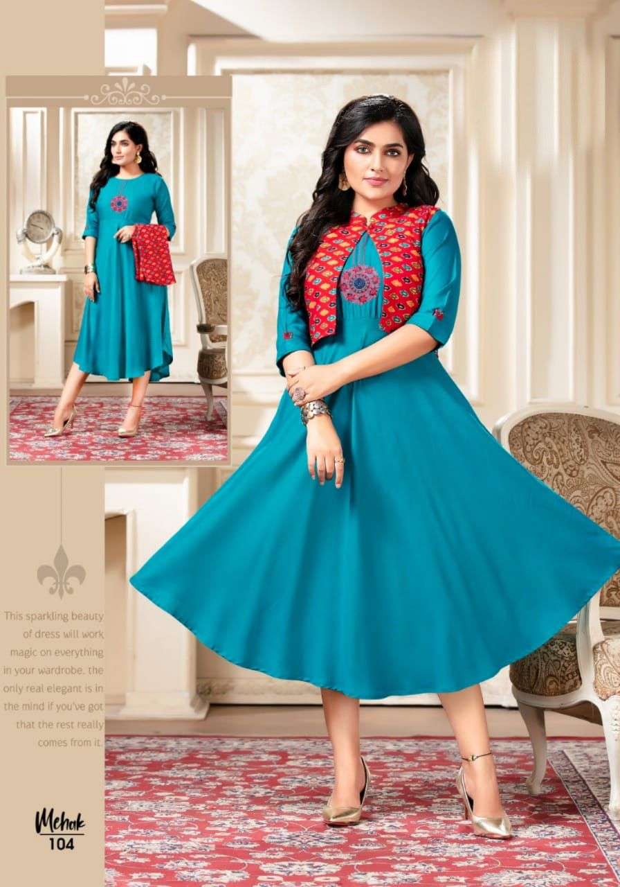 MEHAK BY LIVA 101 TO 108 SERIES DESIGNER STYLISH FANCY COLORFUL BEAUTIFUL PARTY WEAR & ETHNIC WEAR COLLECTION RAYON PRINT KURTIS WITH JACKET AT WHOLESALE PRICE