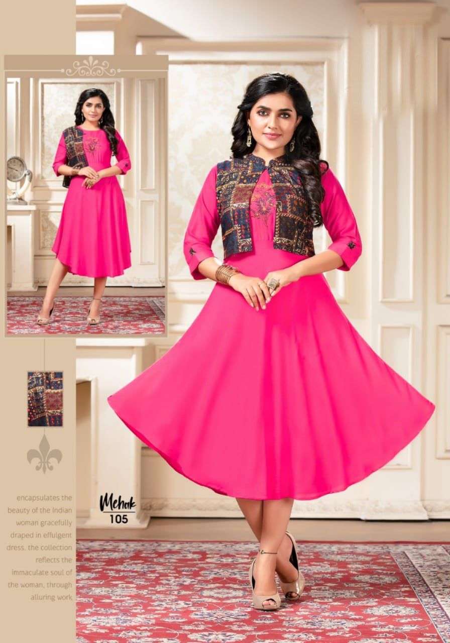 MEHAK BY LIVA 101 TO 108 SERIES DESIGNER STYLISH FANCY COLORFUL BEAUTIFUL PARTY WEAR & ETHNIC WEAR COLLECTION RAYON PRINT KURTIS WITH JACKET AT WHOLESALE PRICE