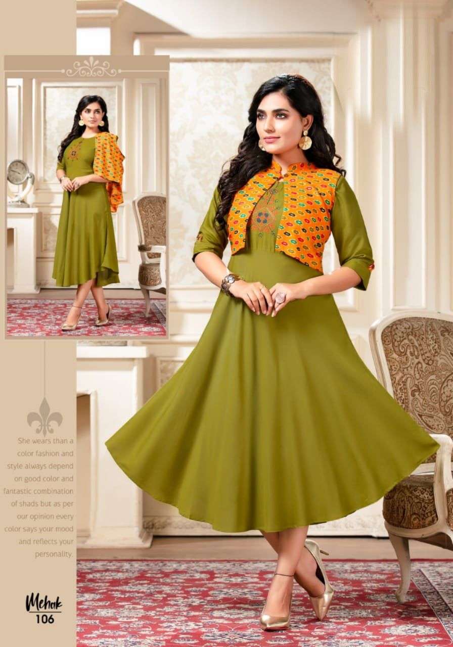 MEHAK BY LIVA 101 TO 108 SERIES DESIGNER STYLISH FANCY COLORFUL BEAUTIFUL PARTY WEAR & ETHNIC WEAR COLLECTION RAYON PRINT KURTIS WITH JACKET AT WHOLESALE PRICE