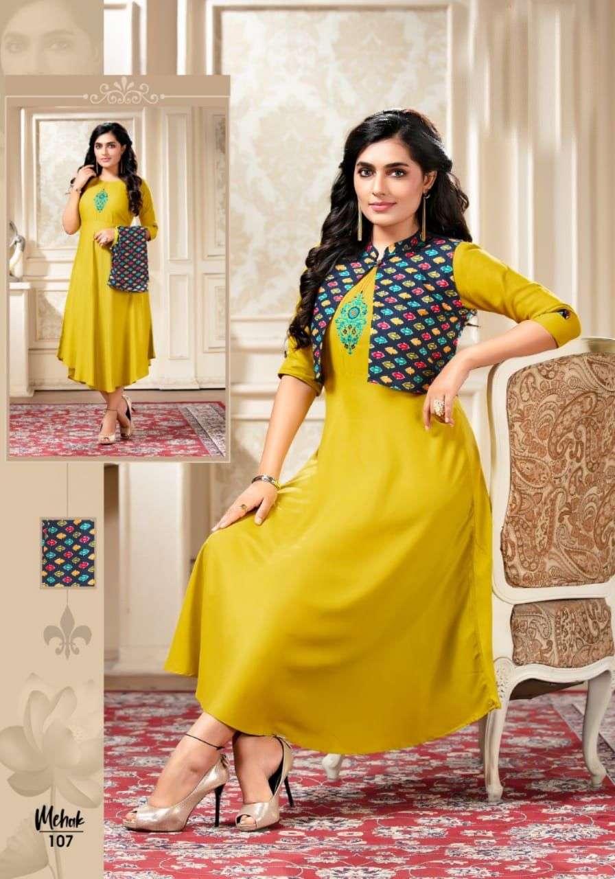 MEHAK BY LIVA 101 TO 108 SERIES DESIGNER STYLISH FANCY COLORFUL BEAUTIFUL PARTY WEAR & ETHNIC WEAR COLLECTION RAYON PRINT KURTIS WITH JACKET AT WHOLESALE PRICE