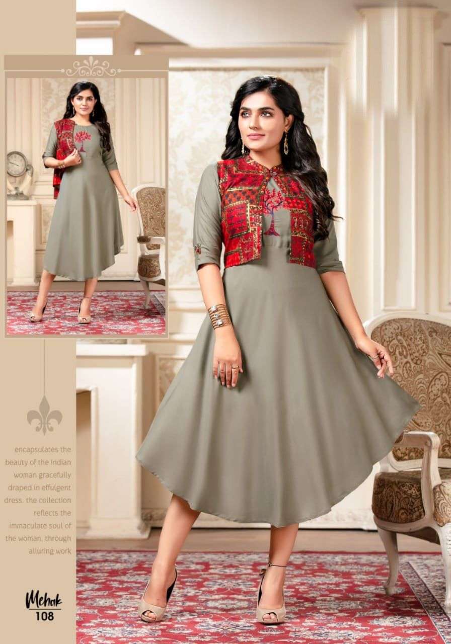 MEHAK BY LIVA 101 TO 108 SERIES DESIGNER STYLISH FANCY COLORFUL BEAUTIFUL PARTY WEAR & ETHNIC WEAR COLLECTION RAYON PRINT KURTIS WITH JACKET AT WHOLESALE PRICE