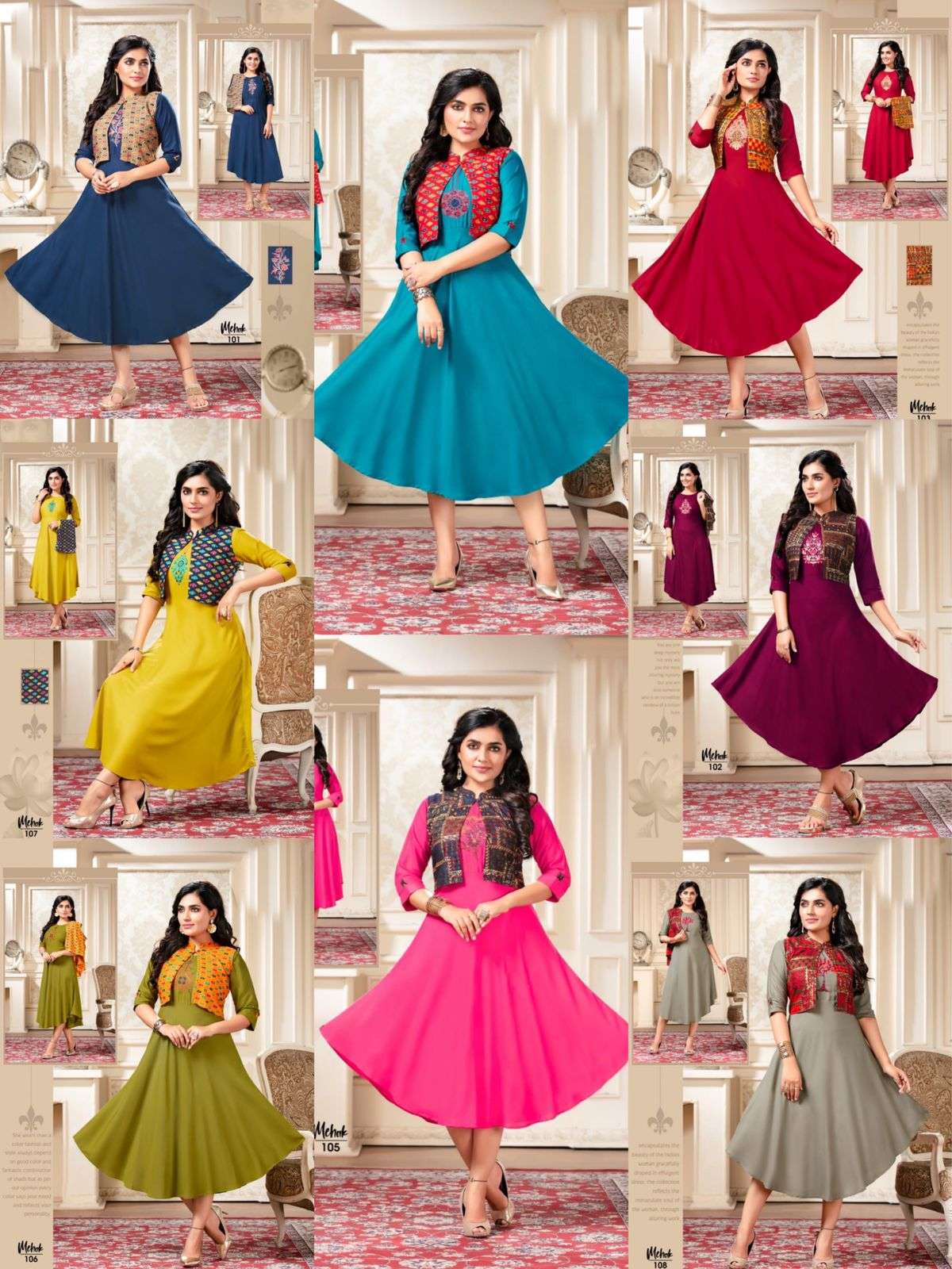 MEHAK BY LIVA 101 TO 108 SERIES DESIGNER STYLISH FANCY COLORFUL BEAUTIFUL PARTY WEAR & ETHNIC WEAR COLLECTION RAYON PRINT KURTIS WITH JACKET AT WHOLESALE PRICE