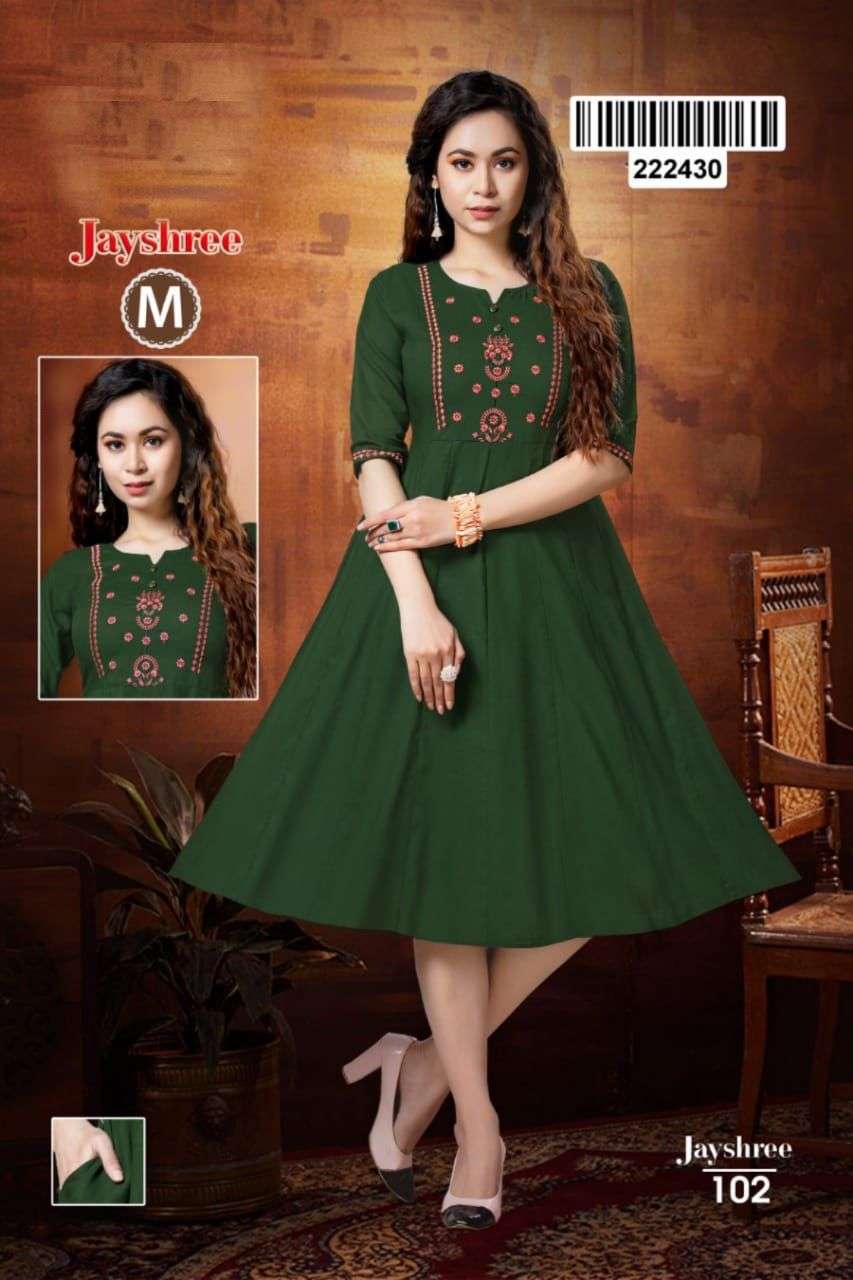 JAYSHREE BY LIVA 101 TO 108 SERIES DESIGNER STYLISH FANCY COLORFUL BEAUTIFUL PARTY WEAR & ETHNIC WEAR COLLECTION RAYON EMBROIDERED KURTIS AT WHOLESALE PRICE