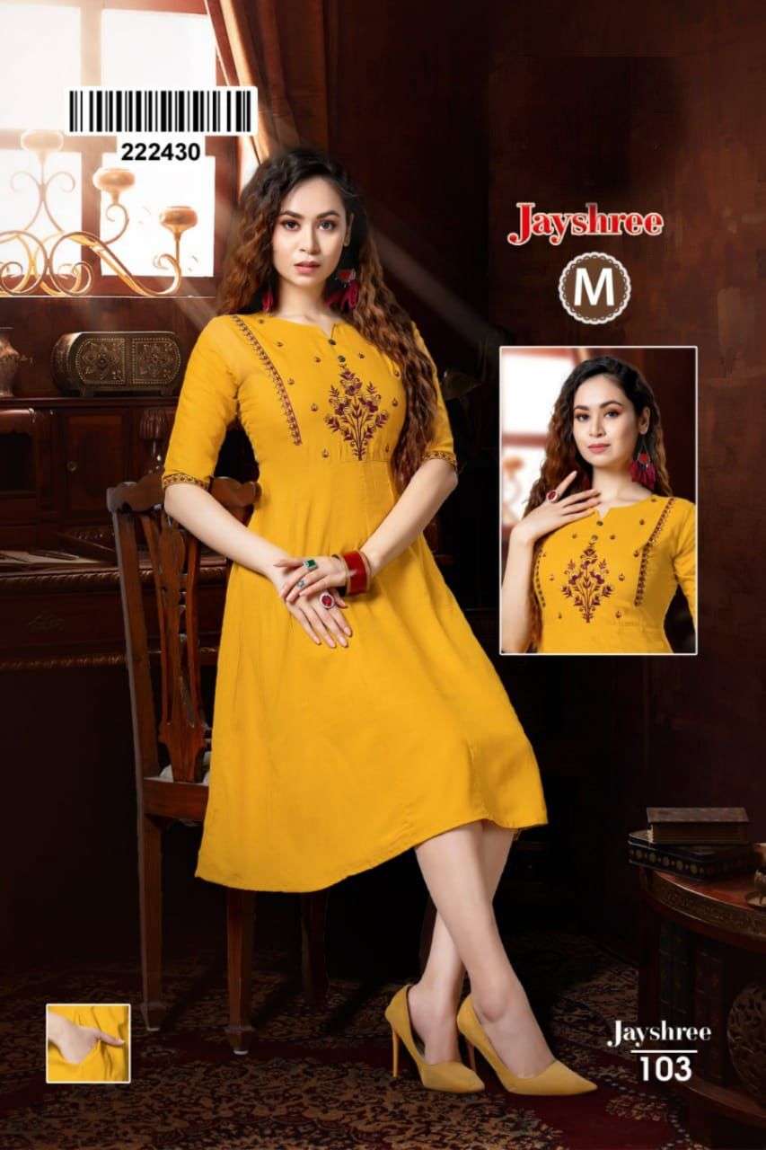 JAYSHREE BY LIVA 101 TO 108 SERIES DESIGNER STYLISH FANCY COLORFUL BEAUTIFUL PARTY WEAR & ETHNIC WEAR COLLECTION RAYON EMBROIDERED KURTIS AT WHOLESALE PRICE