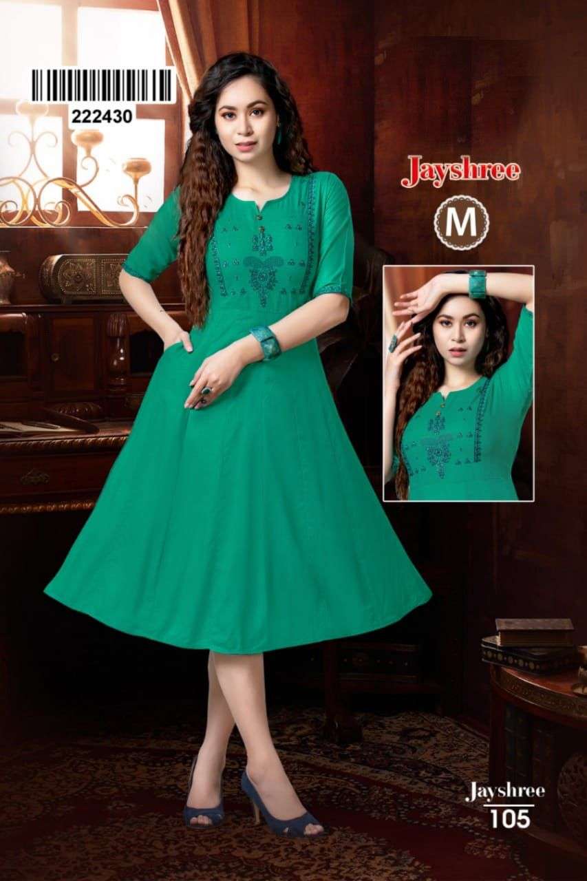 JAYSHREE BY LIVA 101 TO 108 SERIES DESIGNER STYLISH FANCY COLORFUL BEAUTIFUL PARTY WEAR & ETHNIC WEAR COLLECTION RAYON EMBROIDERED KURTIS AT WHOLESALE PRICE