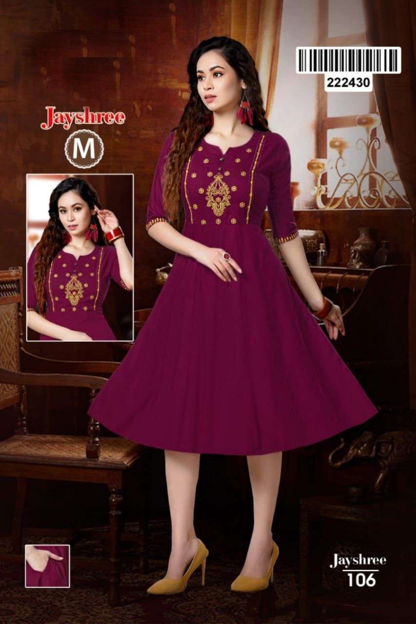 JAYSHREE BY LIVA 101 TO 108 SERIES DESIGNER STYLISH FANCY COLORFUL BEAUTIFUL PARTY WEAR & ETHNIC WEAR COLLECTION RAYON EMBROIDERED KURTIS AT WHOLESALE PRICE