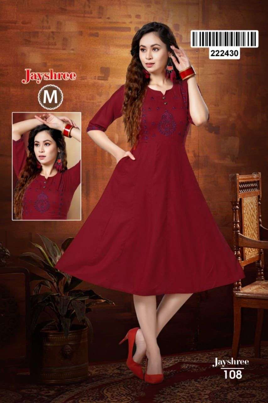 JAYSHREE BY LIVA 101 TO 108 SERIES DESIGNER STYLISH FANCY COLORFUL BEAUTIFUL PARTY WEAR & ETHNIC WEAR COLLECTION RAYON EMBROIDERED KURTIS AT WHOLESALE PRICE
