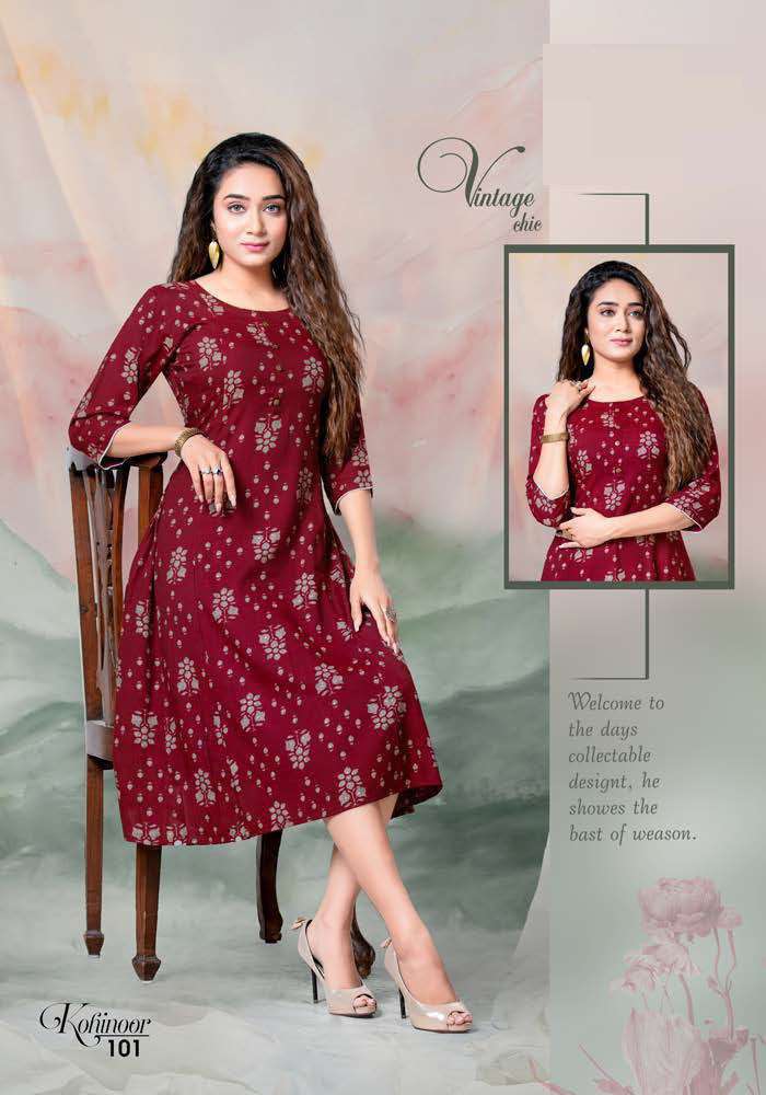 KOHINOOR BY LIVA 101 TO 108 SERIES DESIGNER STYLISH FANCY COLORFUL BEAUTIFUL PARTY WEAR & ETHNIC WEAR COLLECTION RAYON PRINT KURTIS AT WHOLESALE PRICE