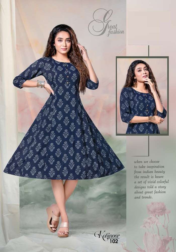KOHINOOR BY LIVA 101 TO 108 SERIES DESIGNER STYLISH FANCY COLORFUL BEAUTIFUL PARTY WEAR & ETHNIC WEAR COLLECTION RAYON PRINT KURTIS AT WHOLESALE PRICE