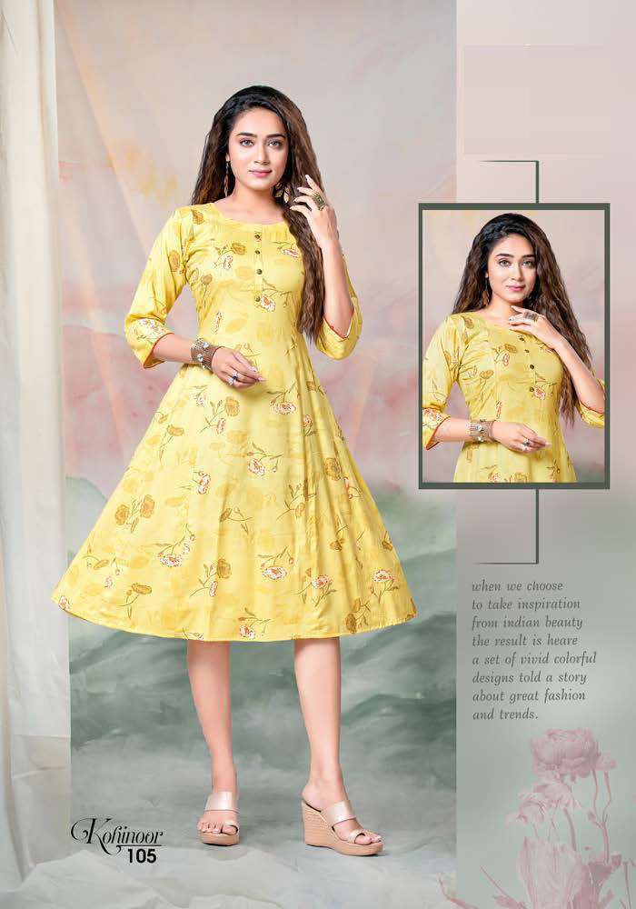 KOHINOOR BY LIVA 101 TO 108 SERIES DESIGNER STYLISH FANCY COLORFUL BEAUTIFUL PARTY WEAR & ETHNIC WEAR COLLECTION RAYON PRINT KURTIS AT WHOLESALE PRICE