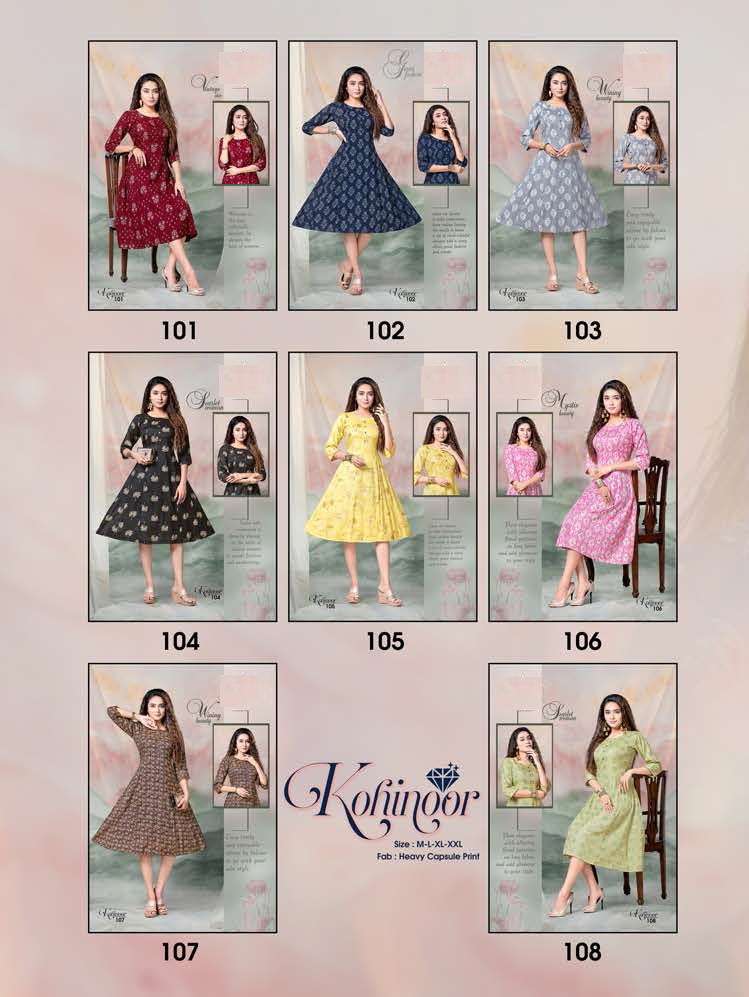 KOHINOOR BY LIVA 101 TO 108 SERIES DESIGNER STYLISH FANCY COLORFUL BEAUTIFUL PARTY WEAR & ETHNIC WEAR COLLECTION RAYON PRINT KURTIS AT WHOLESALE PRICE