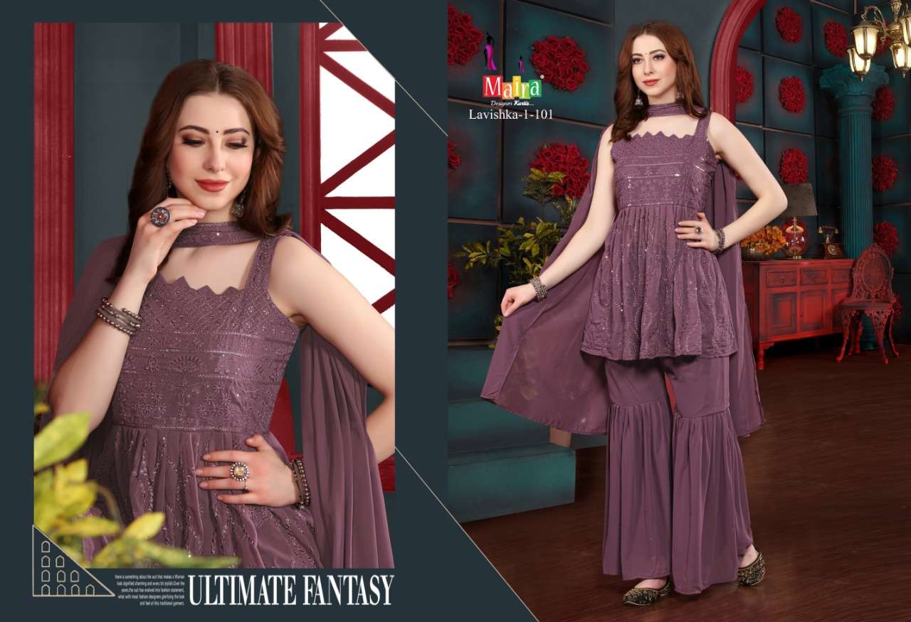 LAVISHKA VOL-1 BY MAIRA 101 TO 108 SERIES BEAUTIFUL SHRARA SUITS COLORFUL STYLISH FANCY CASUAL WEAR & ETHNIC WEAR HEAVY BLOOMING GEORGETTE DRESSES AT WHOLESALE PRICE