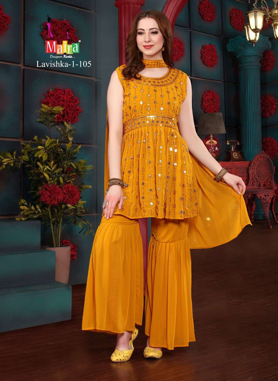 LAVISHKA VOL-1 BY MAIRA 101 TO 108 SERIES BEAUTIFUL SHRARA SUITS COLORFUL STYLISH FANCY CASUAL WEAR & ETHNIC WEAR HEAVY BLOOMING GEORGETTE DRESSES AT WHOLESALE PRICE