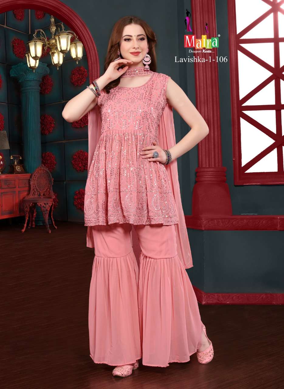 LAVISHKA VOL-1 BY MAIRA 101 TO 108 SERIES BEAUTIFUL SHRARA SUITS COLORFUL STYLISH FANCY CASUAL WEAR & ETHNIC WEAR HEAVY BLOOMING GEORGETTE DRESSES AT WHOLESALE PRICE