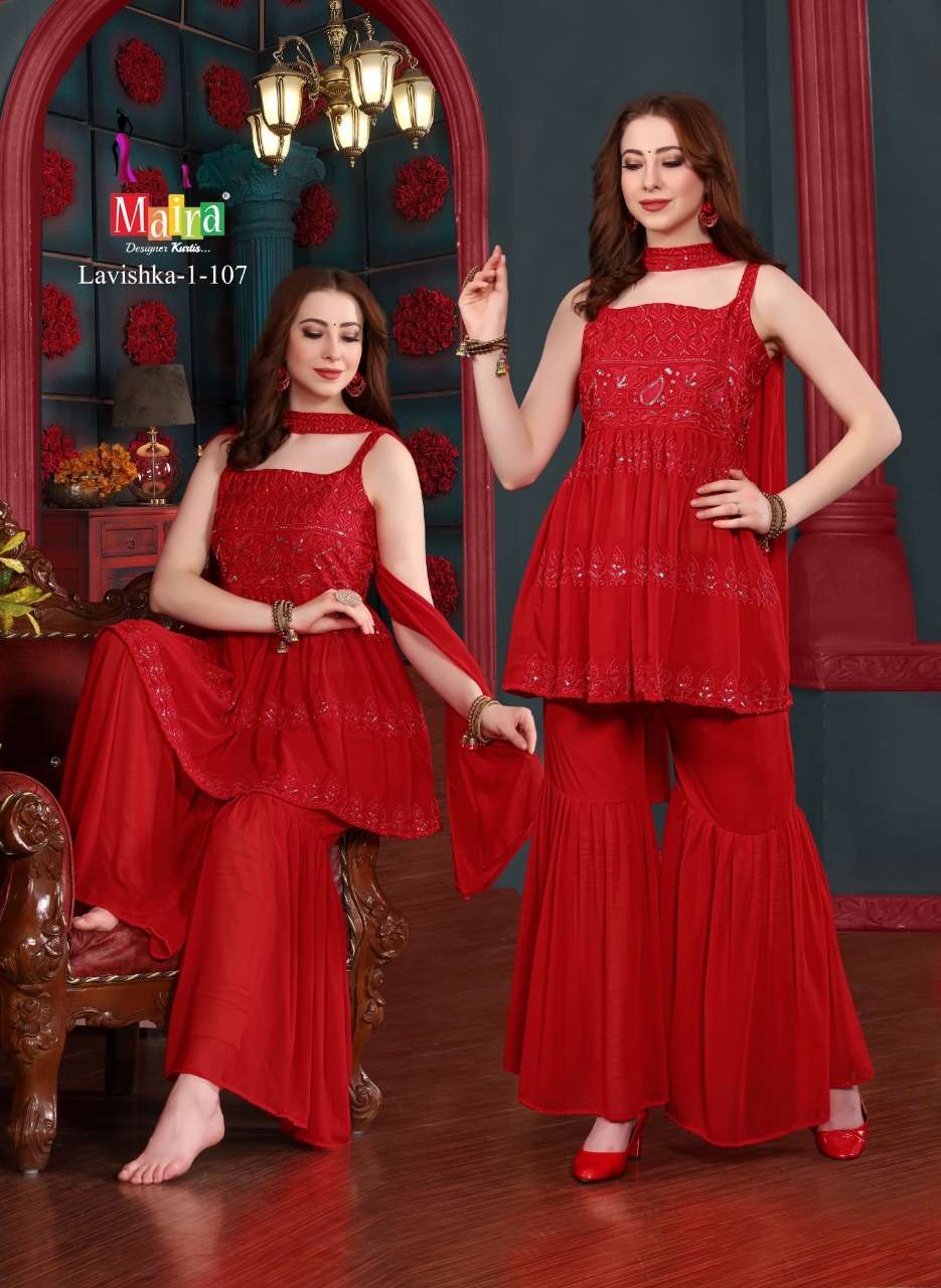 LAVISHKA VOL-1 BY MAIRA 101 TO 108 SERIES BEAUTIFUL SHRARA SUITS COLORFUL STYLISH FANCY CASUAL WEAR & ETHNIC WEAR HEAVY BLOOMING GEORGETTE DRESSES AT WHOLESALE PRICE