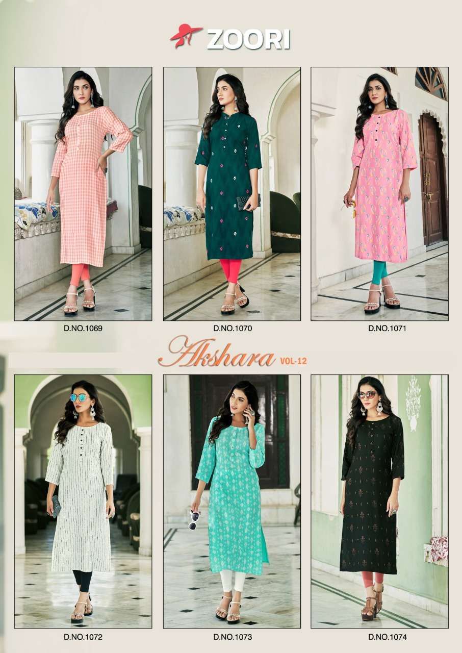 AKSHARA VOL-12 BY ZOORI 1069 TO 1074 SERIES DESIGNER STYLISH FANCY COLORFUL BEAUTIFUL PARTY WEAR & ETHNIC WEAR COLLECTION RAYON PRINT KURTIS AT WHOLESALE PRICE
