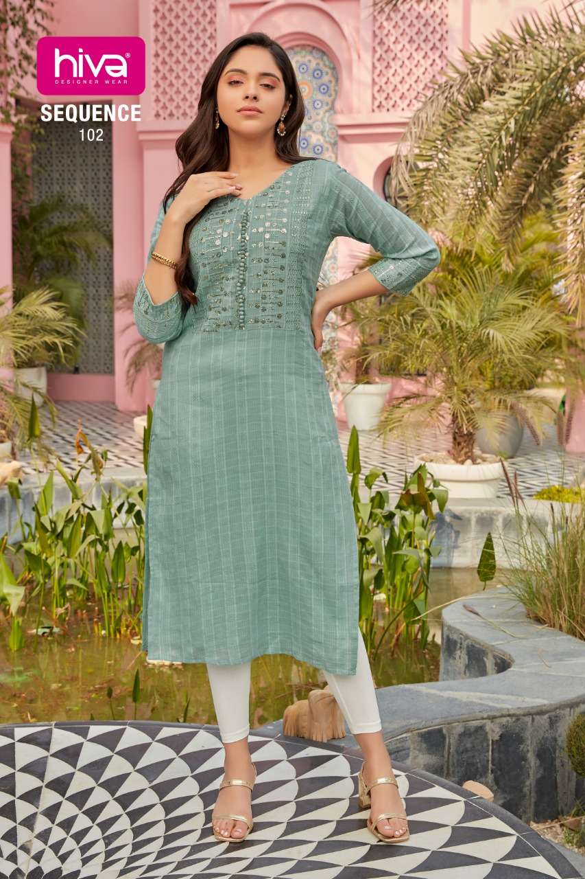 SEQUENCE BY HIVA 101 TO 105 SERIES DESIGNER STYLISH FANCY COLORFUL BEAUTIFUL PARTY WEAR & ETHNIC WEAR COLLECTION RAYON SEQUENCE KURTIS AT WHOLESALE PRICE
