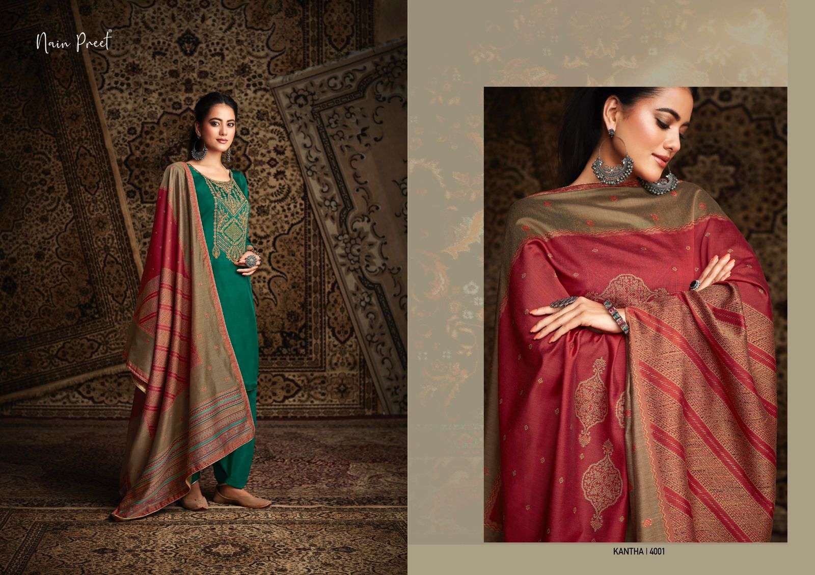 KANTHA BY NAIN PREET 4001 TO 4006 SERIES BEAUTIFUL SUITS COLORFUL STYLISH FANCY CASUAL WEAR & ETHNIC WEAR TUSSAR SILK DRESSES AT WHOLESALE PRICE