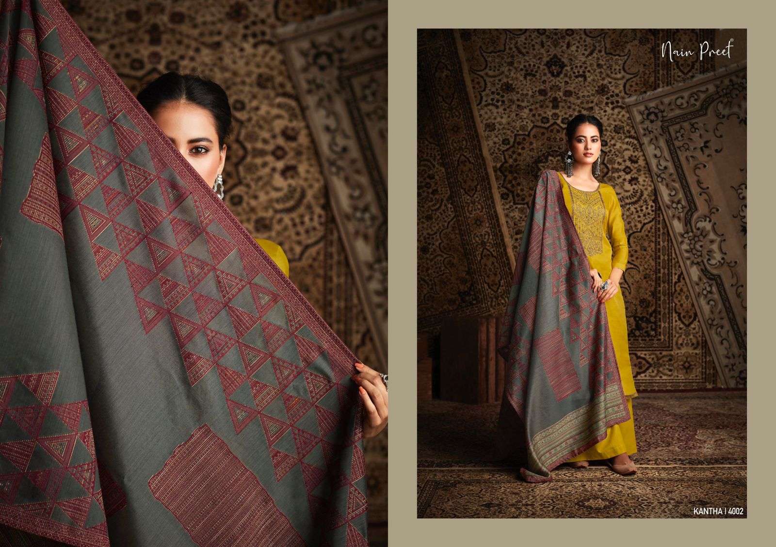 KANTHA BY NAIN PREET 4001 TO 4006 SERIES BEAUTIFUL SUITS COLORFUL STYLISH FANCY CASUAL WEAR & ETHNIC WEAR TUSSAR SILK DRESSES AT WHOLESALE PRICE