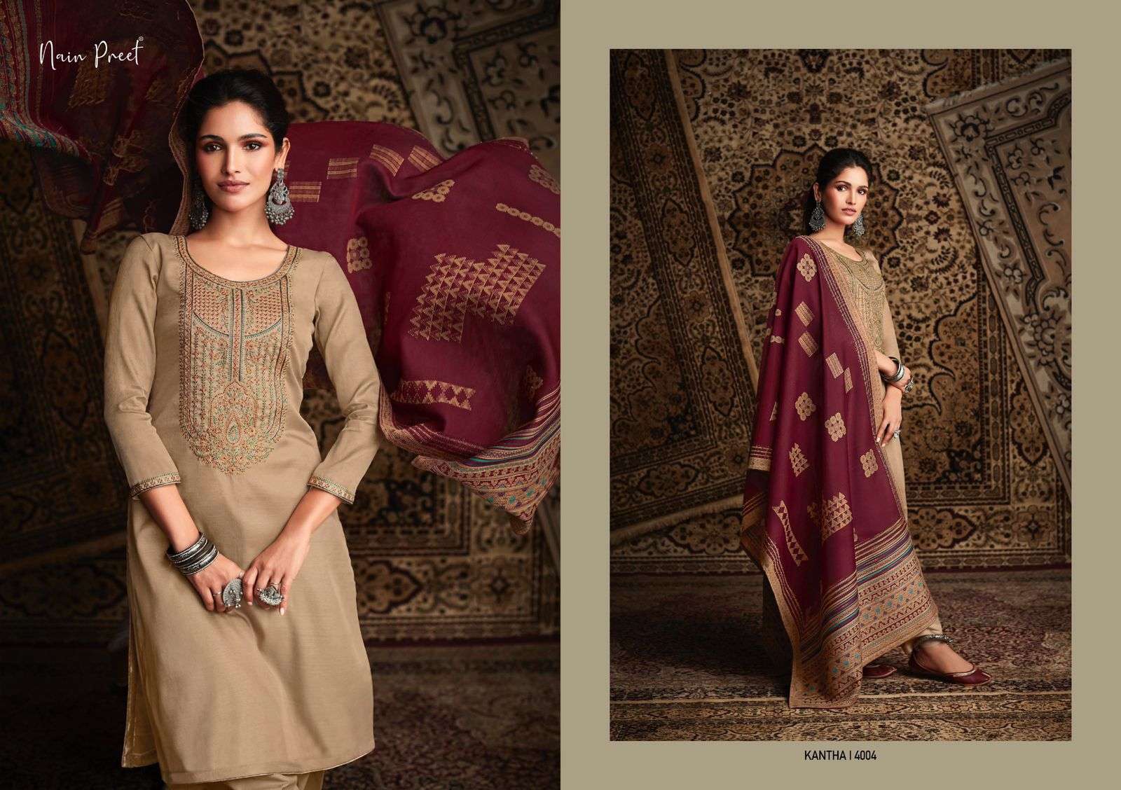 KANTHA BY NAIN PREET 4001 TO 4006 SERIES BEAUTIFUL SUITS COLORFUL STYLISH FANCY CASUAL WEAR & ETHNIC WEAR TUSSAR SILK DRESSES AT WHOLESALE PRICE