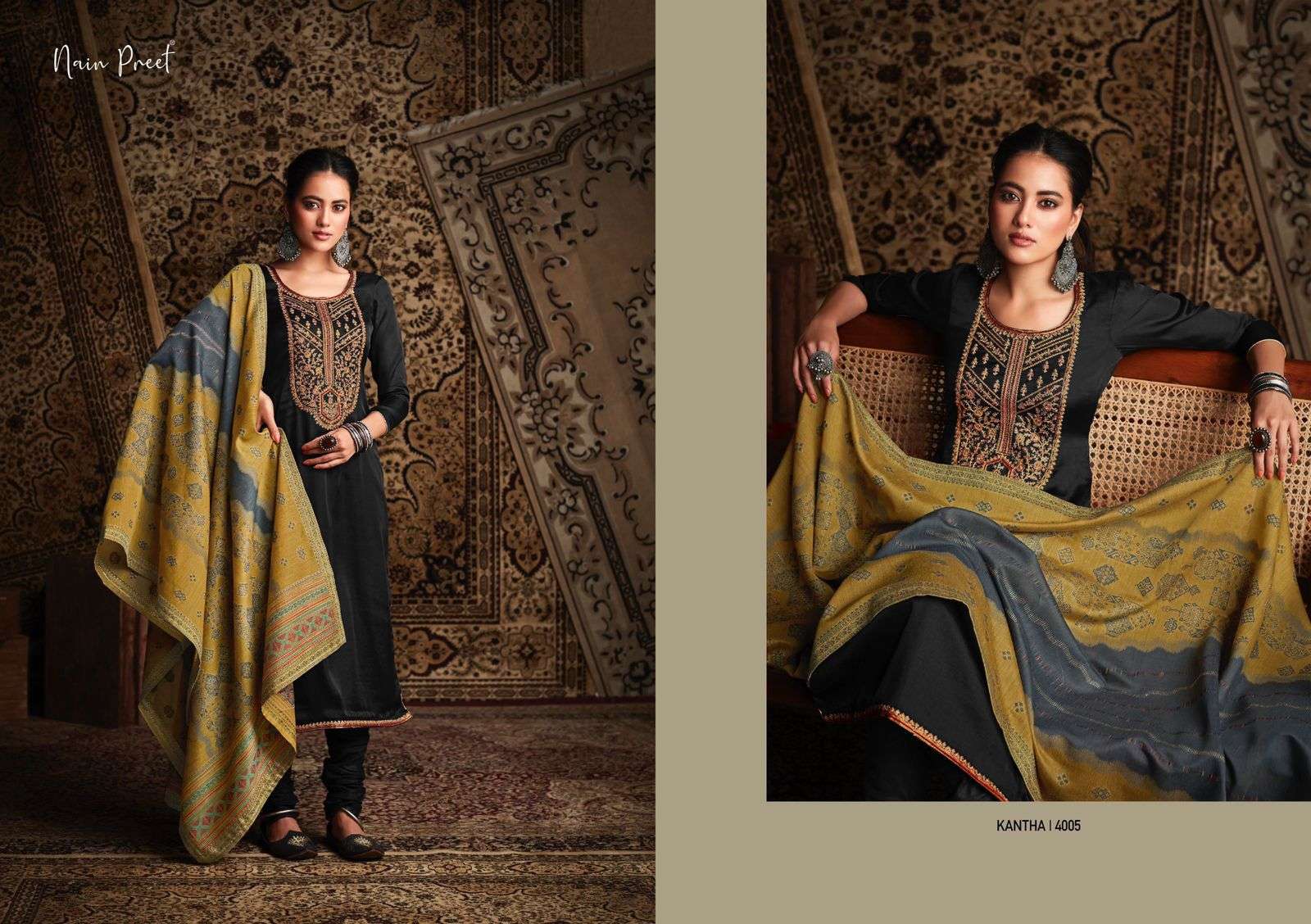 KANTHA BY NAIN PREET 4001 TO 4006 SERIES BEAUTIFUL SUITS COLORFUL STYLISH FANCY CASUAL WEAR & ETHNIC WEAR TUSSAR SILK DRESSES AT WHOLESALE PRICE
