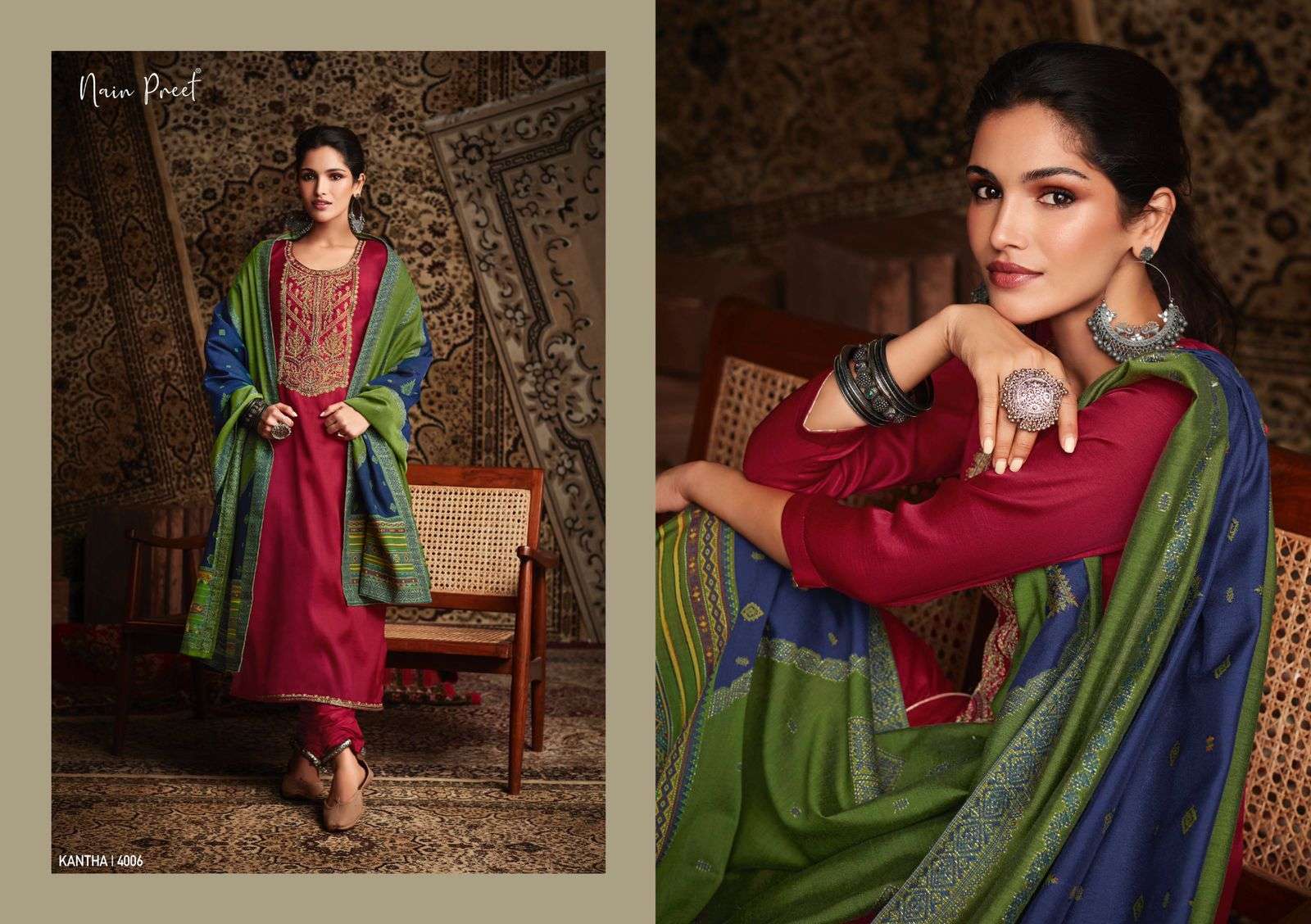 KANTHA BY NAIN PREET 4001 TO 4006 SERIES BEAUTIFUL SUITS COLORFUL STYLISH FANCY CASUAL WEAR & ETHNIC WEAR TUSSAR SILK DRESSES AT WHOLESALE PRICE