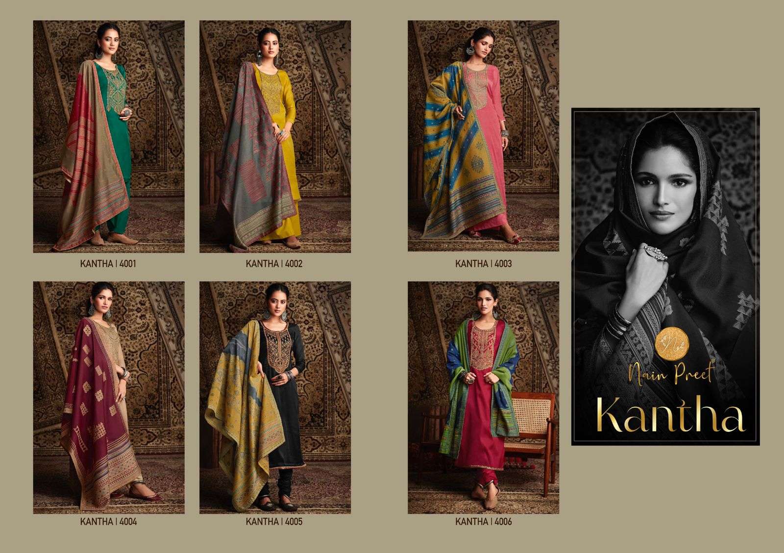 KANTHA BY NAIN PREET 4001 TO 4006 SERIES BEAUTIFUL SUITS COLORFUL STYLISH FANCY CASUAL WEAR & ETHNIC WEAR TUSSAR SILK DRESSES AT WHOLESALE PRICE