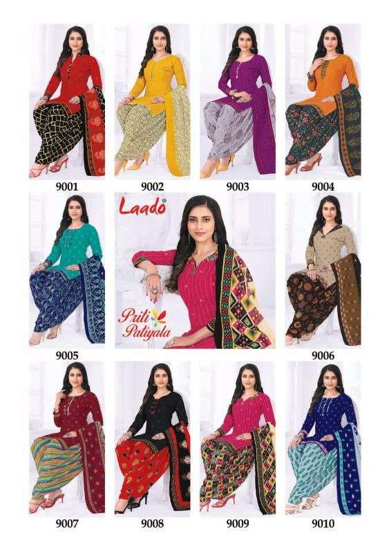 PRITI PATIALA VOL-9 BY LAADO 9001 TO 9020 SERIES BEAUTIFUL SUITS STYLISH FANCY COLORFUL PARTY WEAR & OCCASIONAL WEAR COTTON PRINTED DRESSES AT WHOLESALE PRICE