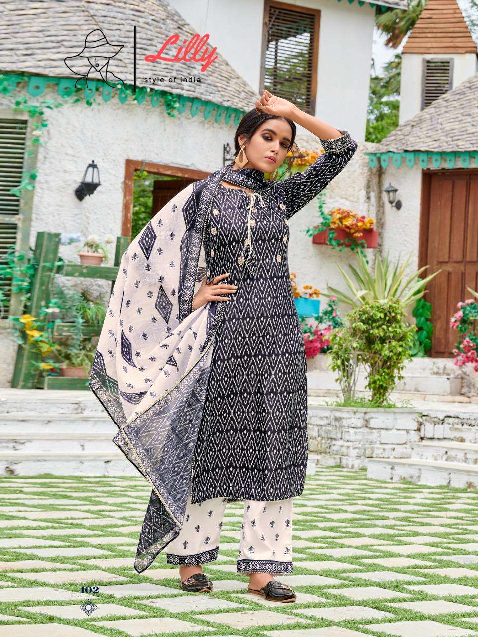SAKIRA BY LILLY 101 TO 104 SERIES BEAUTIFUL SUITS COLORFUL STYLISH FANCY CASUAL WEAR & ETHNIC WEAR LINEN COTTON PRINT DRESSES AT WHOLESALE PRICE