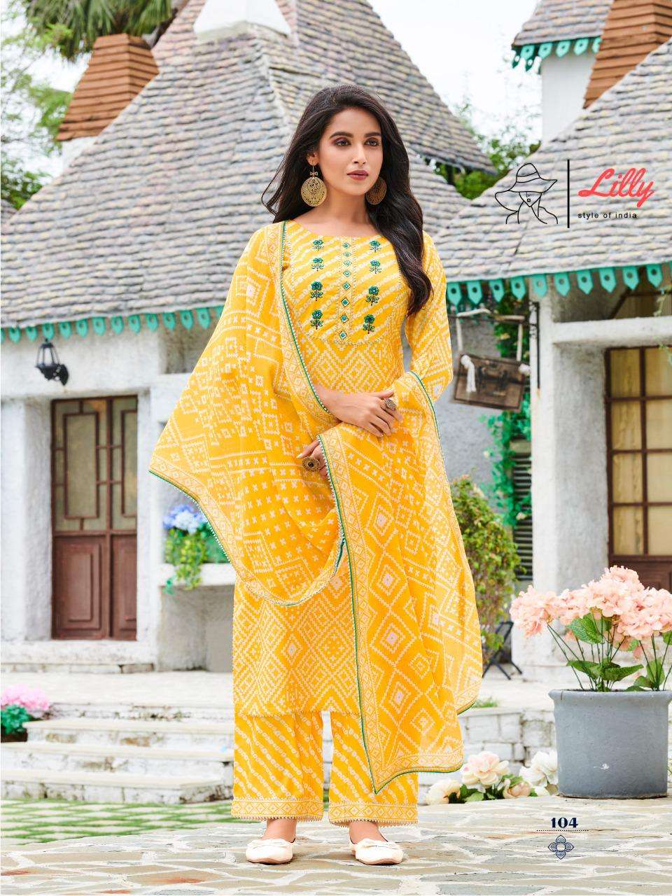 SAKIRA BY LILLY 101 TO 104 SERIES BEAUTIFUL SUITS COLORFUL STYLISH FANCY CASUAL WEAR & ETHNIC WEAR LINEN COTTON PRINT DRESSES AT WHOLESALE PRICE