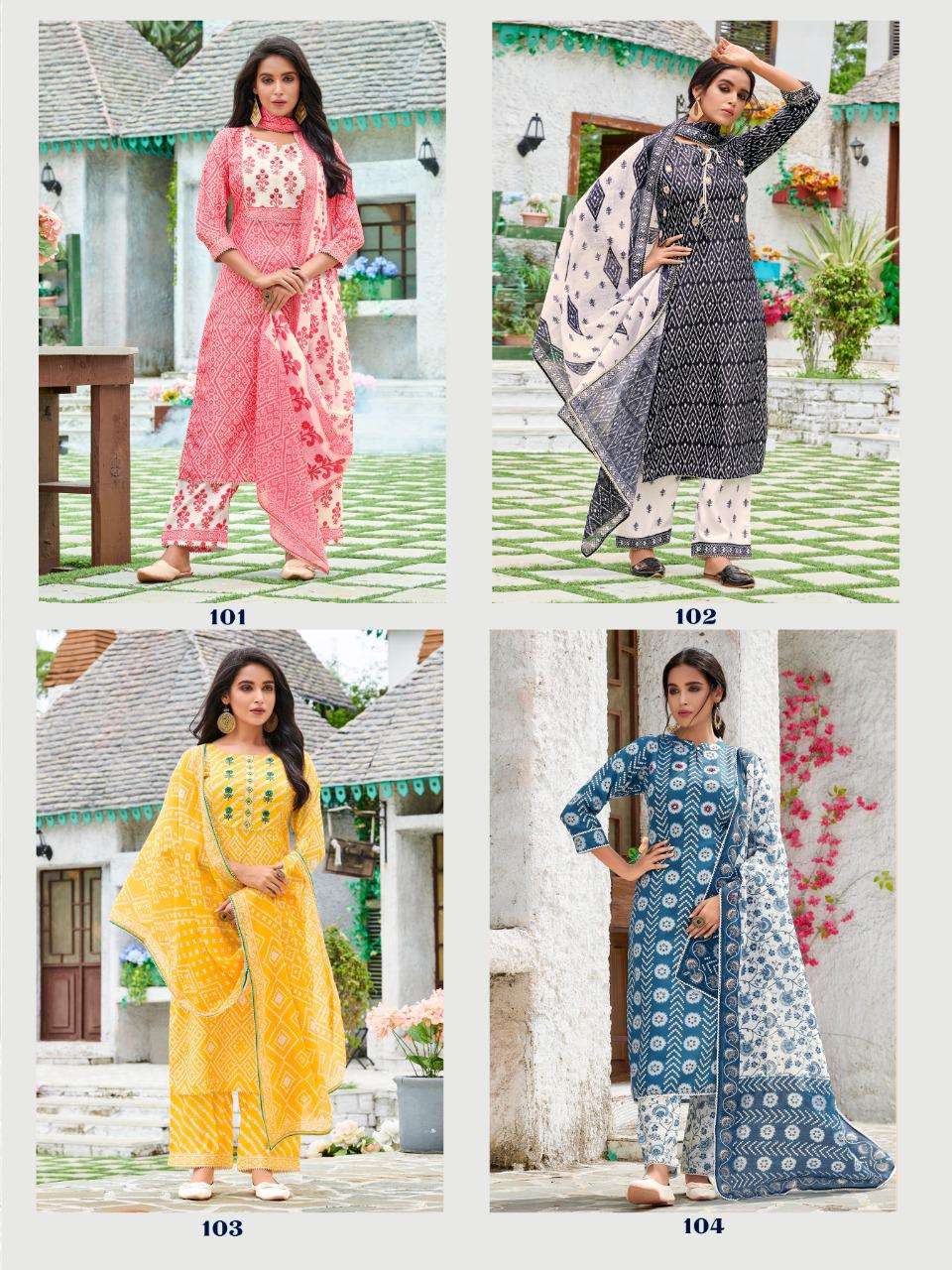 SAKIRA BY LILLY 101 TO 104 SERIES BEAUTIFUL SUITS COLORFUL STYLISH FANCY CASUAL WEAR & ETHNIC WEAR LINEN COTTON PRINT DRESSES AT WHOLESALE PRICE