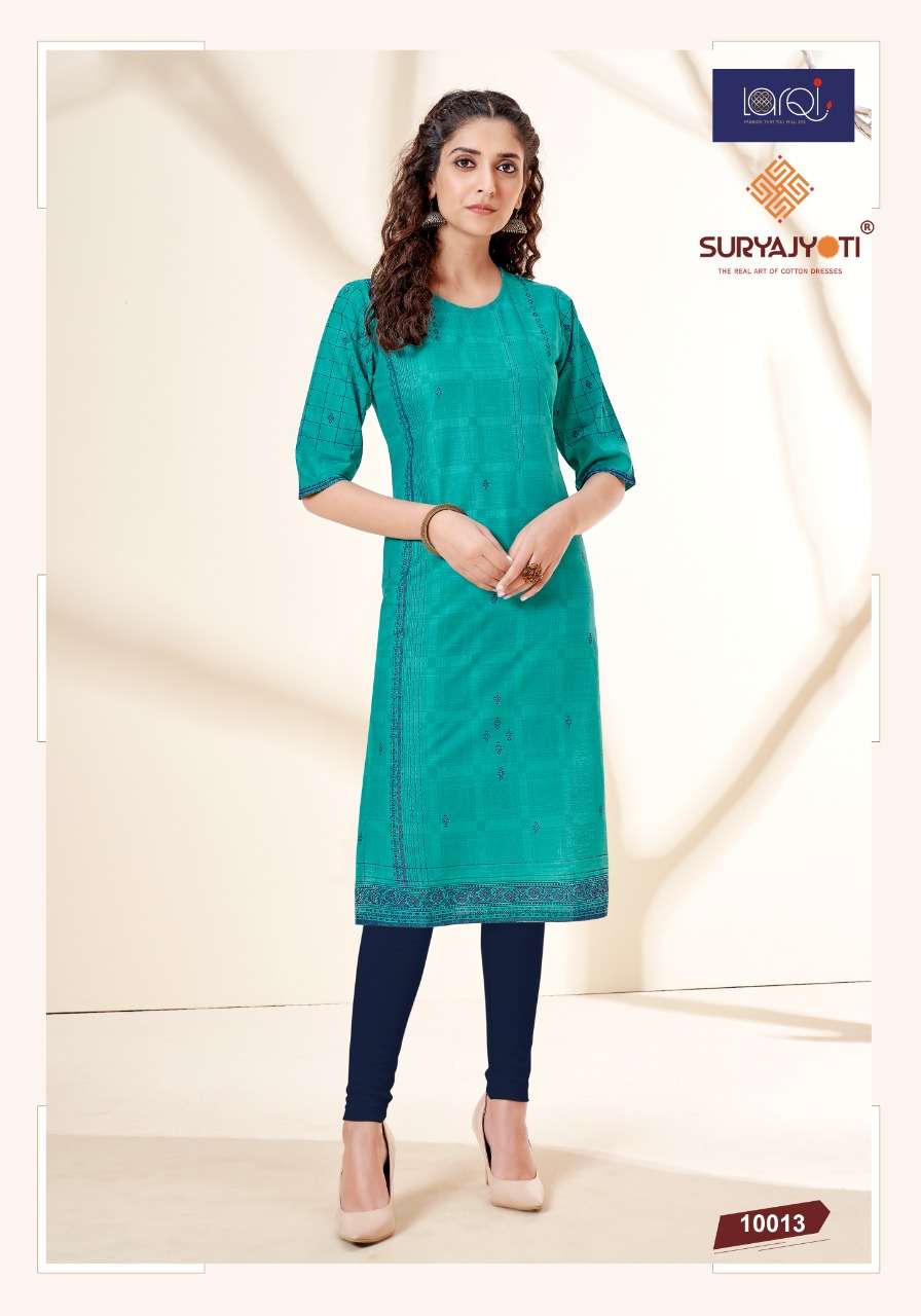 PEHEL VOL-10 BY SURYAJYOTI 10001 TO 10015 SERIES DESIGNER STYLISH FANCY COLORFUL BEAUTIFUL PARTY WEAR & ETHNIC WEAR COLLECTION COTTON PRINT KURTIS AT WHOLESALE PRICE