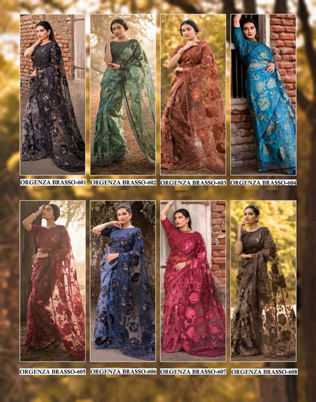 ORGANZA BRASSO BY ASHIMA 601 TO 608 SERIES INDIAN TRADITIONAL WEAR COLLECTION BEAUTIFUL STYLISH FANCY COLORFUL PARTY WEAR & OCCASIONAL WEAR ORGANZA BRASSO SAREES AT WHOLESALE PRICE