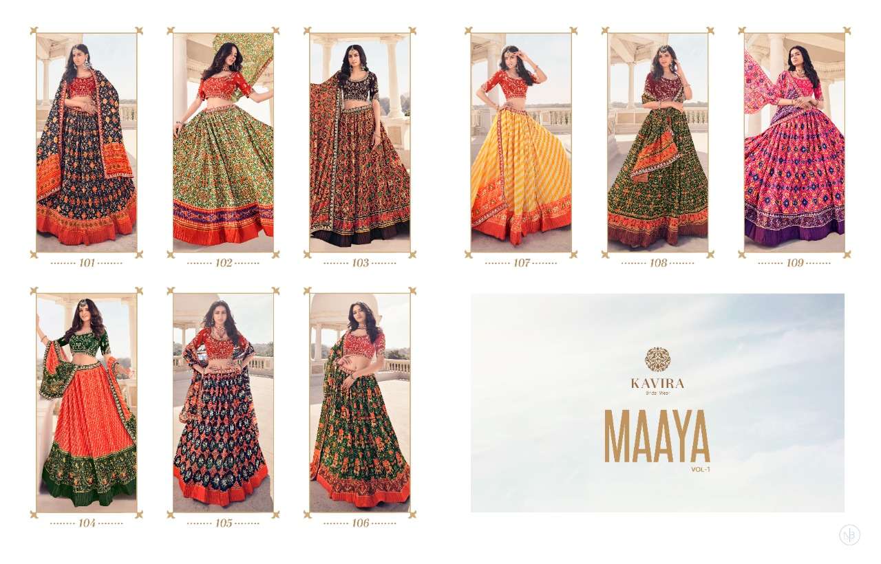 MAAYA VOL-1 BY KAVIRA 101 TO 109 SERIES DESIGNER BEAUTIFUL NAVRATRI COLLECTION OCCASIONAL WEAR & PARTY WEAR FANCY LEHENGAS AT WHOLESALE PRICE