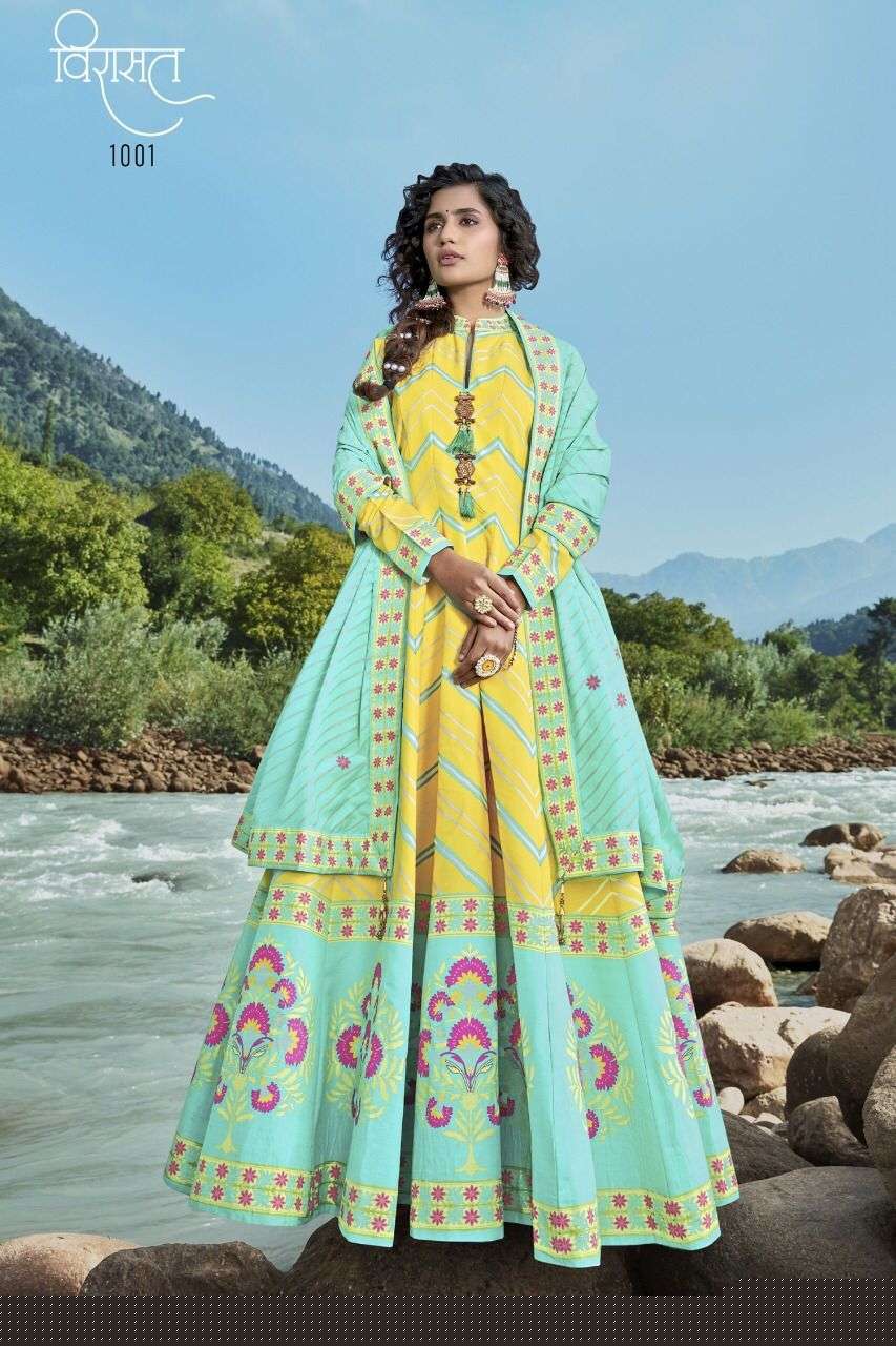 HEER BY VIRASAT 1001 TO 1004 SERIES BEAUTIFUL STYLISH FANCY COLORFUL CASUAL WEAR & ETHNIC WEAR SILK PRINT GOWNS WITH DUPATTA AT WHOLESALE PRICE