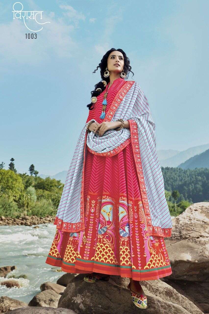 HEER BY VIRASAT 1001 TO 1004 SERIES BEAUTIFUL STYLISH FANCY COLORFUL CASUAL WEAR & ETHNIC WEAR SILK PRINT GOWNS WITH DUPATTA AT WHOLESALE PRICE