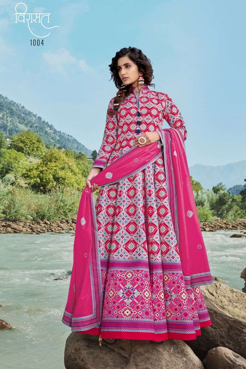 HEER BY VIRASAT 1001 TO 1004 SERIES BEAUTIFUL STYLISH FANCY COLORFUL CASUAL WEAR & ETHNIC WEAR SILK PRINT GOWNS WITH DUPATTA AT WHOLESALE PRICE