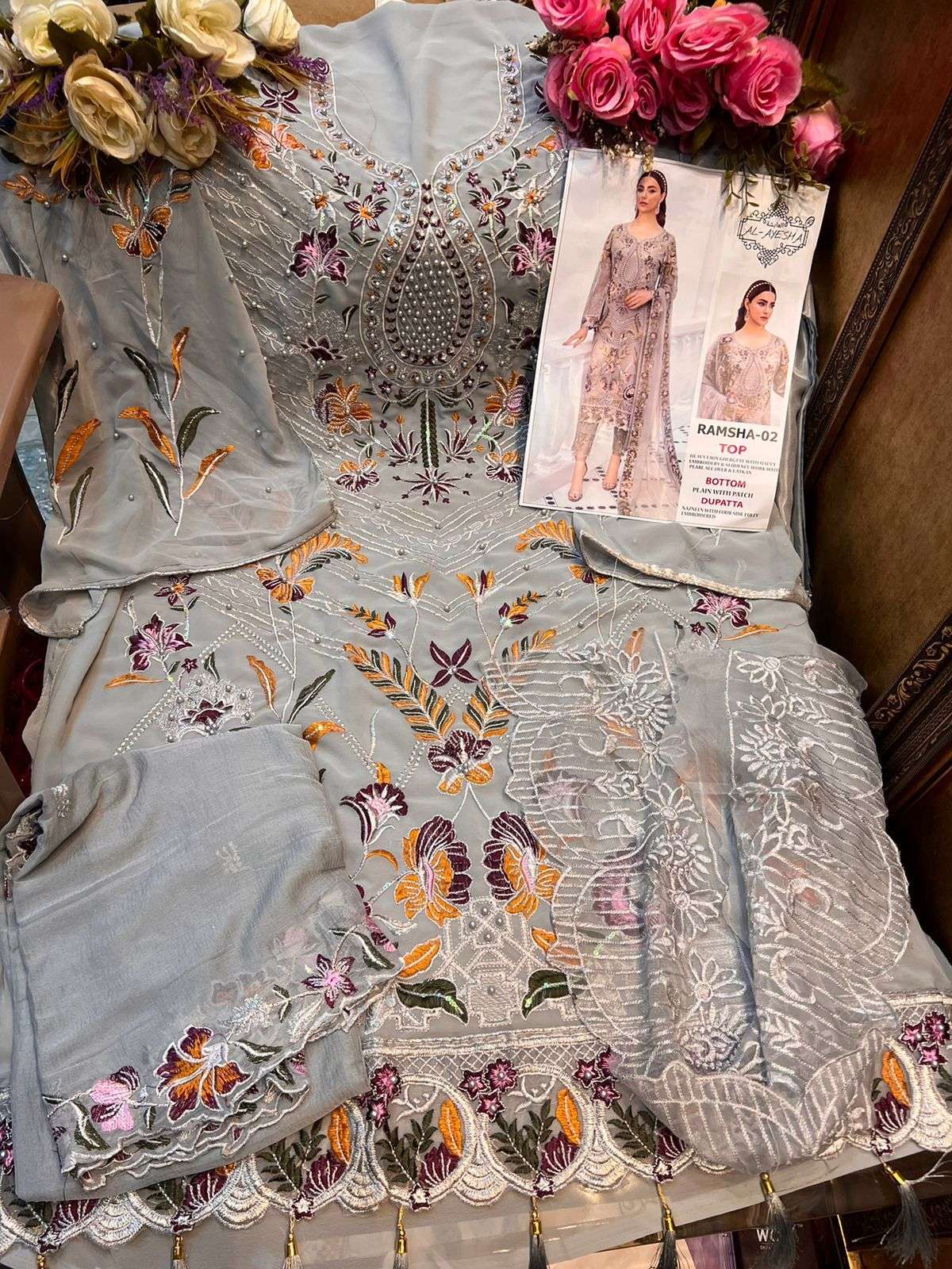 RAMSHA 02 BY AL AYESHA DESIGNER PAKISTANI SUITS BEAUTIFUL FANCY COLORFUL STYLISH PARTY WEAR & OCCASIONAL WEAR FAUX GEORGETTE EMBROIDERY DRESSES AT WHOLESALE PRICE