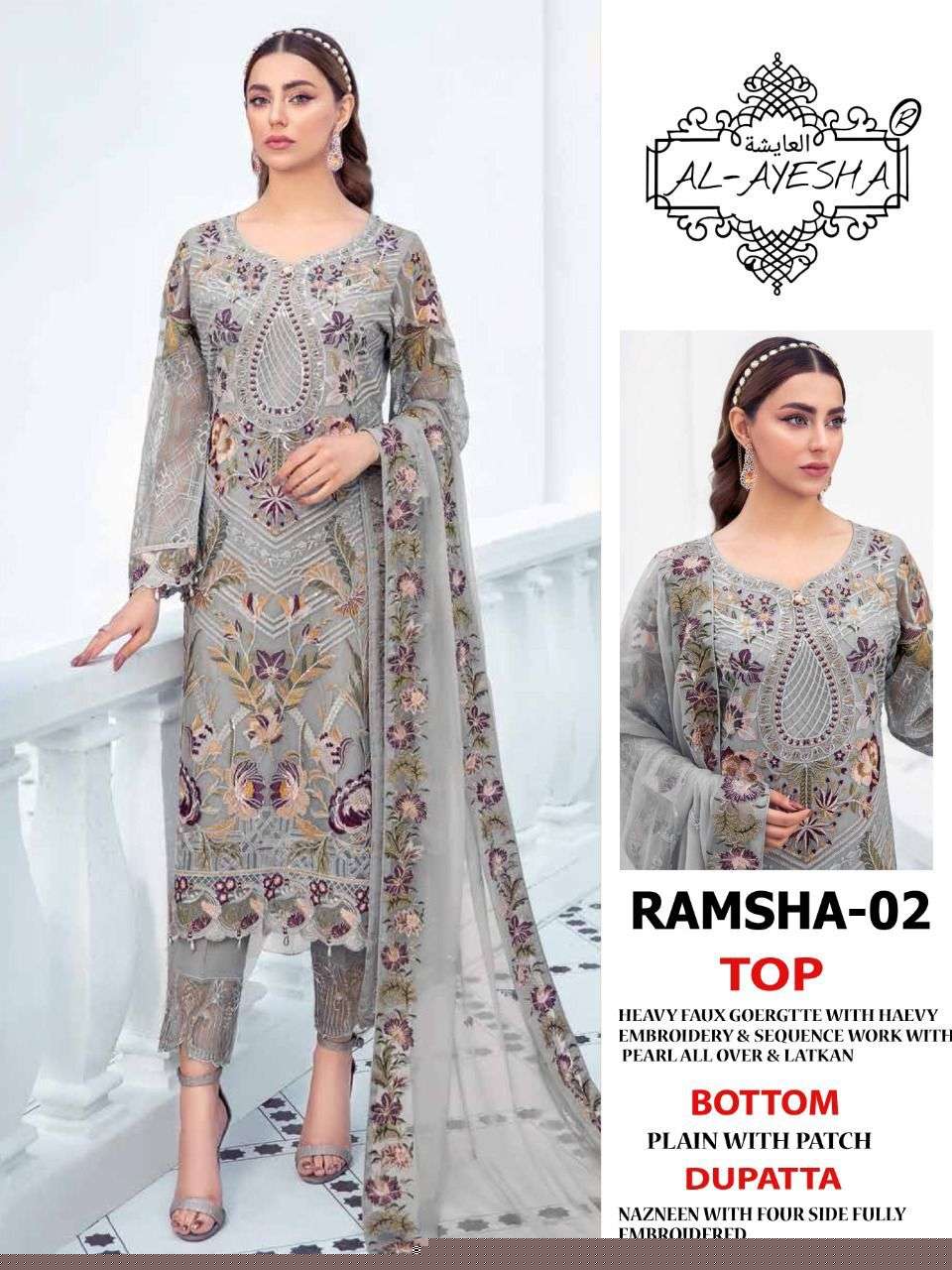 RAMSHA 02 BY AL AYESHA DESIGNER PAKISTANI SUITS BEAUTIFUL FANCY COLORFUL STYLISH PARTY WEAR & OCCASIONAL WEAR FAUX GEORGETTE EMBROIDERY DRESSES AT WHOLESALE PRICE