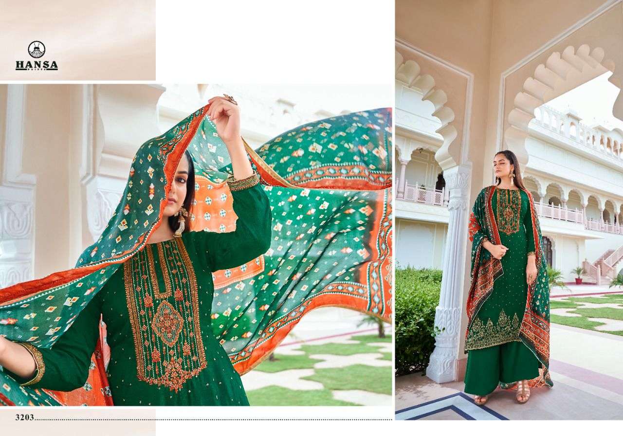 VAISHNAVI BY HANSA PRINTS 3201 TO 3206 SERIES BEAUTIFUL STYLISH SUITS FANCY COLORFUL CASUAL WEAR & ETHNIC WEAR & READY TO WEAR DOLA SILK JACQUARD DRESSES AT WHOLESALE PRICE