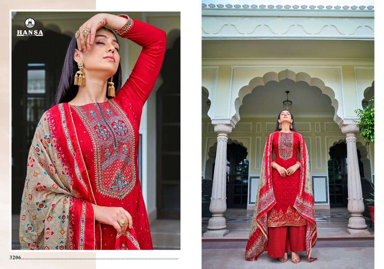 VAISHNAVI BY HANSA PRINTS 3201 TO 3206 SERIES BEAUTIFUL STYLISH SUITS FANCY COLORFUL CASUAL WEAR & ETHNIC WEAR & READY TO WEAR DOLA SILK JACQUARD DRESSES AT WHOLESALE PRICE