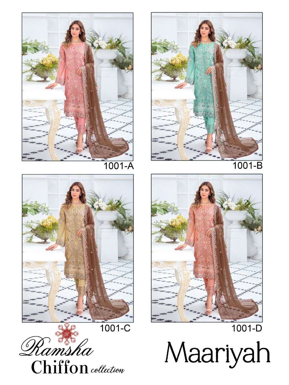 RAMSHA CHIFFON COLLECTION BY MAARIYAH 1001-A TO 1001-D SERIES PAKISTANI SUITS BEAUTIFUL FANCY COLORFUL STYLISH PARTY WEAR & OCCASIONAL WEAR FAUX GEORGETTE WITH EMBROIDERY DRESSES AT WHOLESALE PRICE