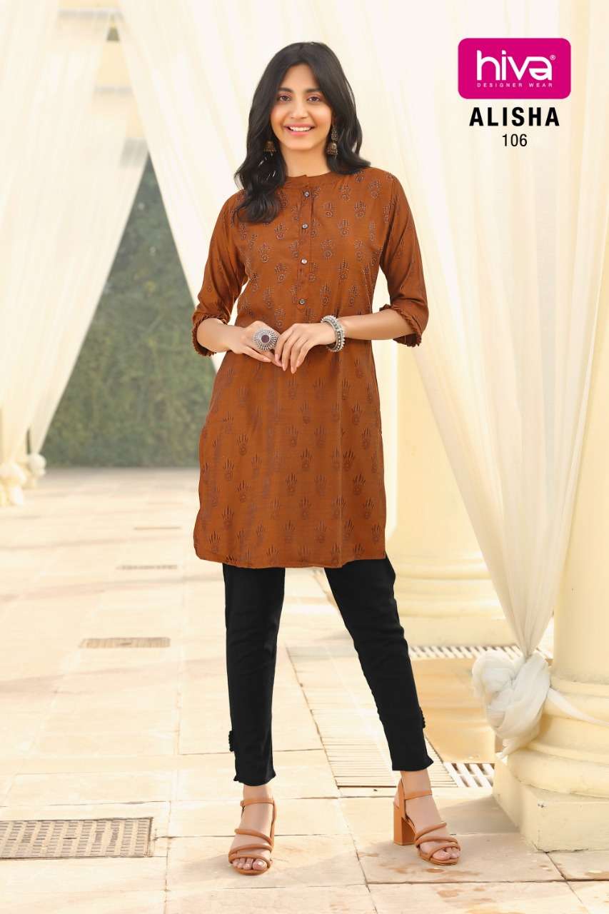 ALISHA BY HIVA 101 TO 106 SERIES DESIGNER STYLISH FANCY COLORFUL BEAUTIFUL PARTY WEAR & ETHNIC WEAR COLLECTION SILK KURTIS AT WHOLESALE PRICE