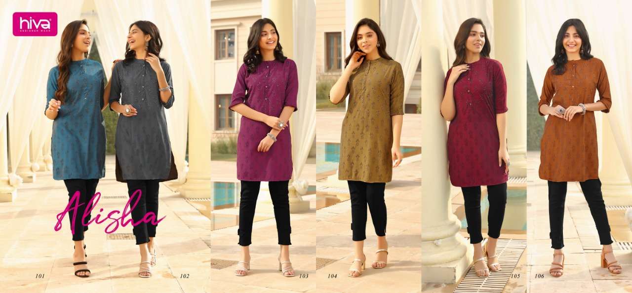 ALISHA BY HIVA 101 TO 106 SERIES DESIGNER STYLISH FANCY COLORFUL BEAUTIFUL PARTY WEAR & ETHNIC WEAR COLLECTION SILK KURTIS AT WHOLESALE PRICE