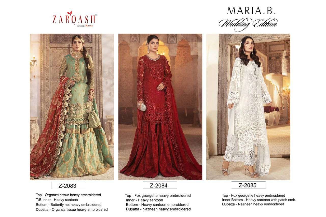 MARIA.B. WEDDING COLLECTION BY ZARQASH 2083 TO 2085 SERIES DESIGNER FESTIVE PAKISTANI SUITS COLLECTION BEAUTIFUL STYLISH FANCY COLORFUL PARTY WEAR & OCCASIONAL WEAR ORGANZA/FAUXGEORGETTE EMBROIDERED DRESSES AT WHOLESALE PRICE