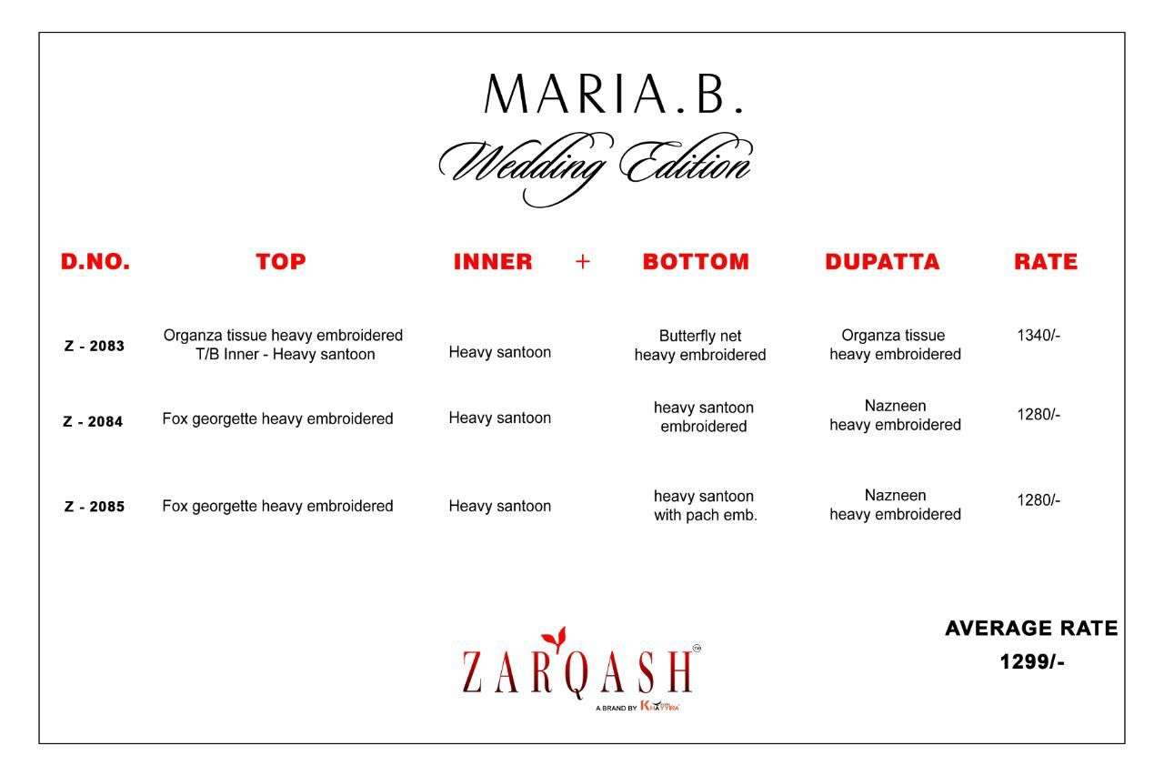 MARIA.B. WEDDING COLLECTION BY ZARQASH 2083 TO 2085 SERIES DESIGNER FESTIVE PAKISTANI SUITS COLLECTION BEAUTIFUL STYLISH FANCY COLORFUL PARTY WEAR & OCCASIONAL WEAR ORGANZA/FAUXGEORGETTE EMBROIDERED DRESSES AT WHOLESALE PRICE