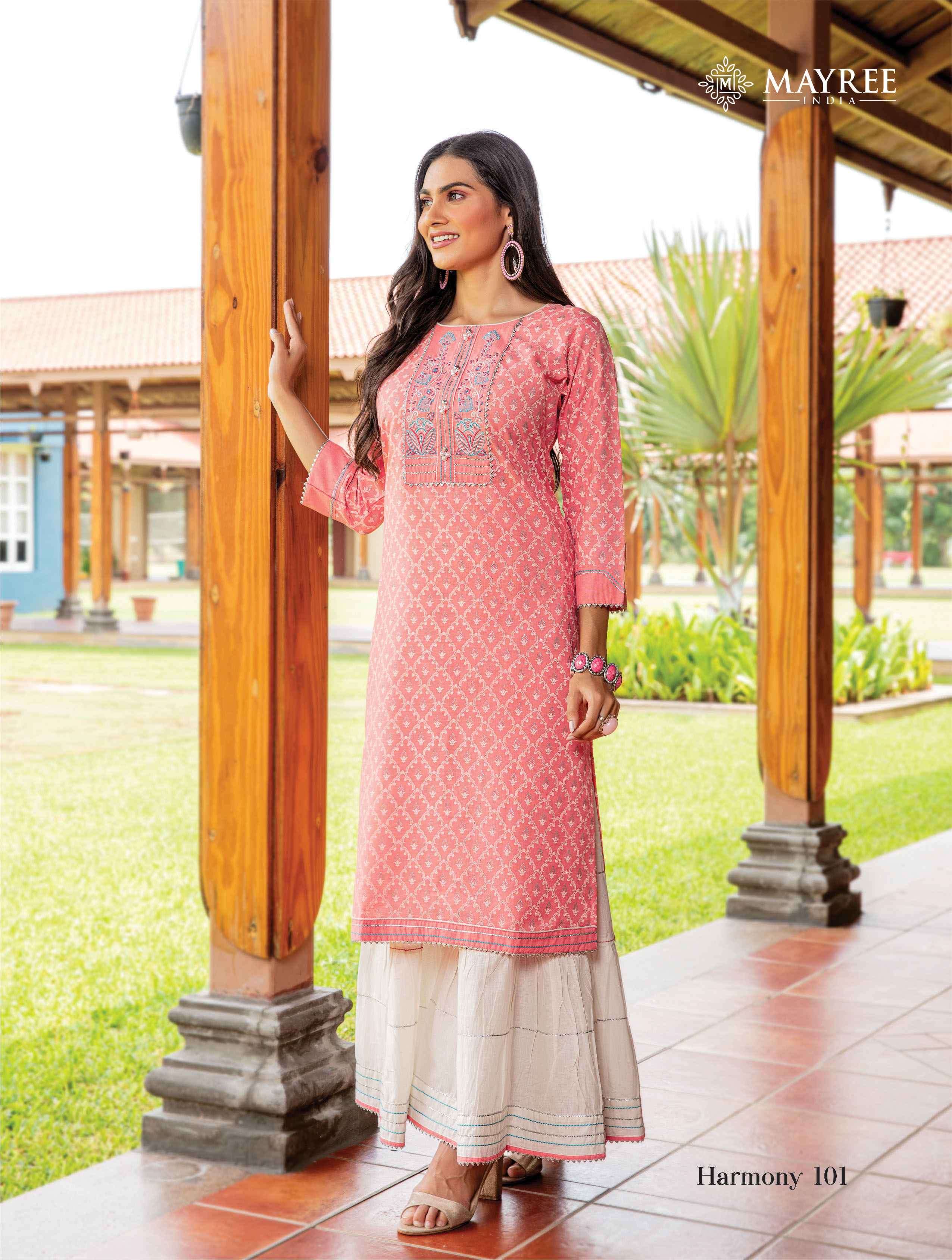 HARMONY BY MAYREE 101 TO 106 SERIES DESIGNER STYLISH FANCY COLORFUL BEAUTIFUL PARTY WEAR & ETHNIC WEAR COLLECTION MUSLIN PRINT KURTIS WITH BOTTOM AT WHOLESALE PRICE